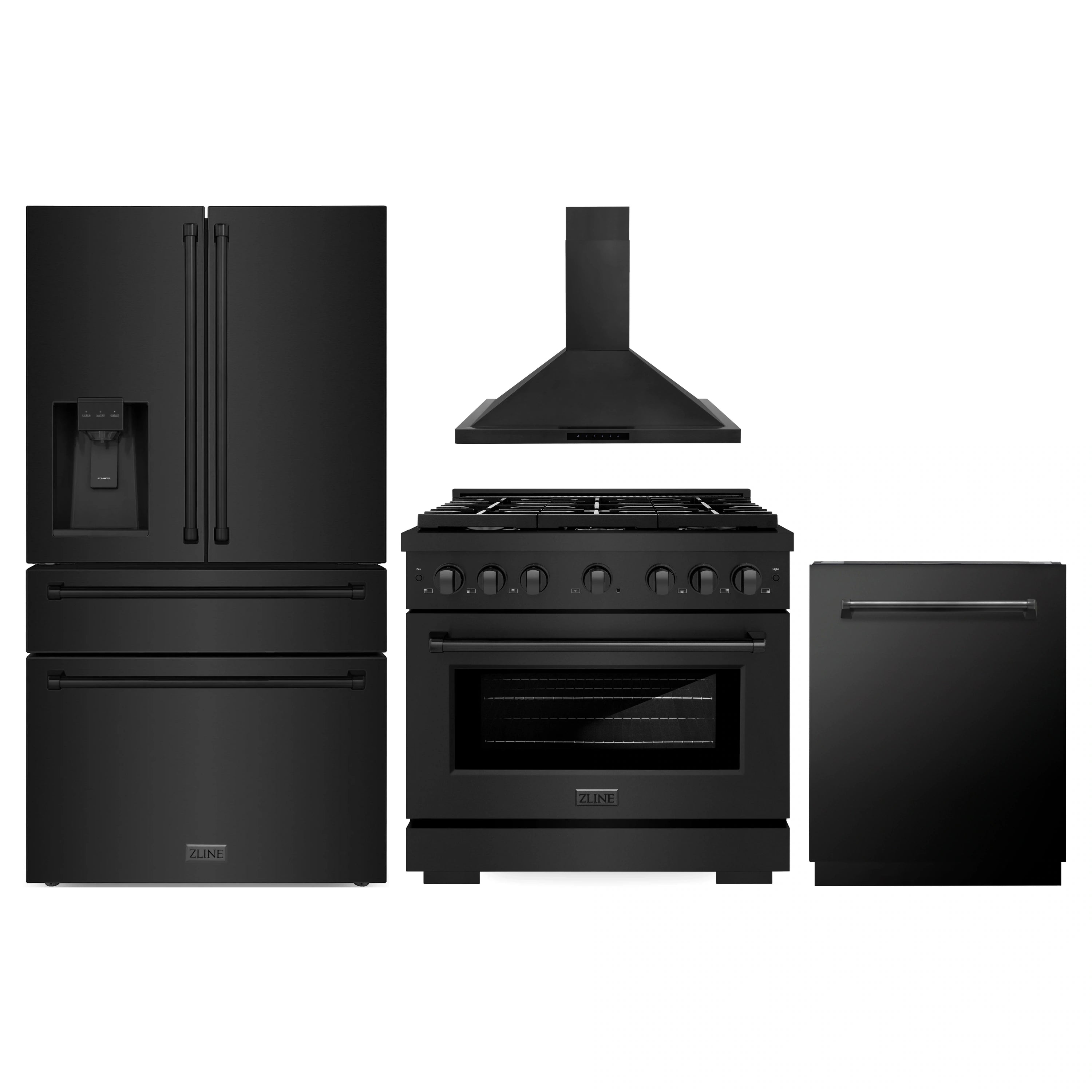 Black stainless kitchen appliance set with refrigerator, range, hood, and dishwasher