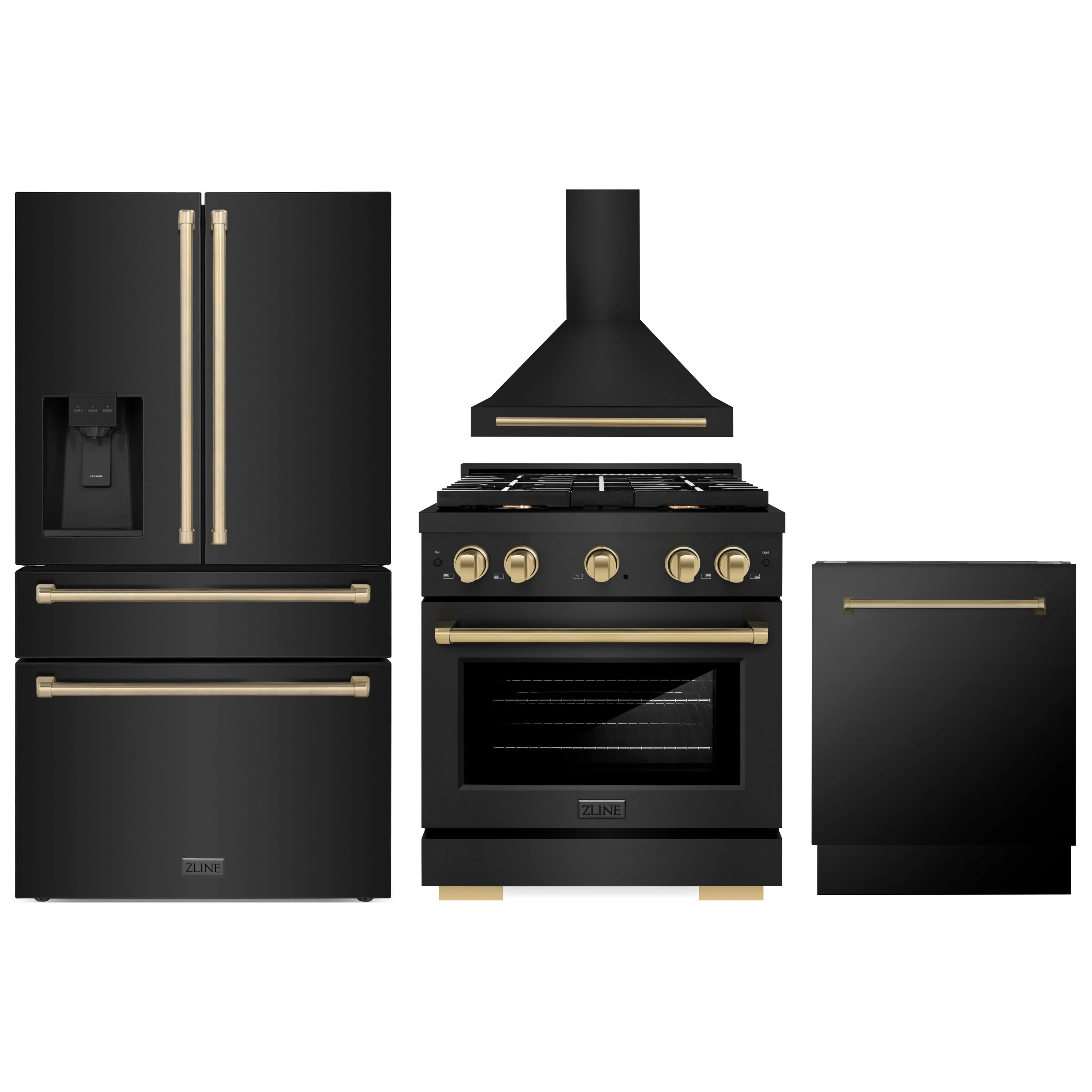 Black stainless steel appliance set with range, hood, refrigerator, and dishwasher