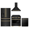 ZLINE 4-Piece Appliance Package - 30-Inch Paramount Dual Fuel Range, Wall Mount Range Hood, 36-Inch French Door Refrigerator with Water Dispenser, Dishwasher, in Black Stainless Steel with Champagne Bronze Accents