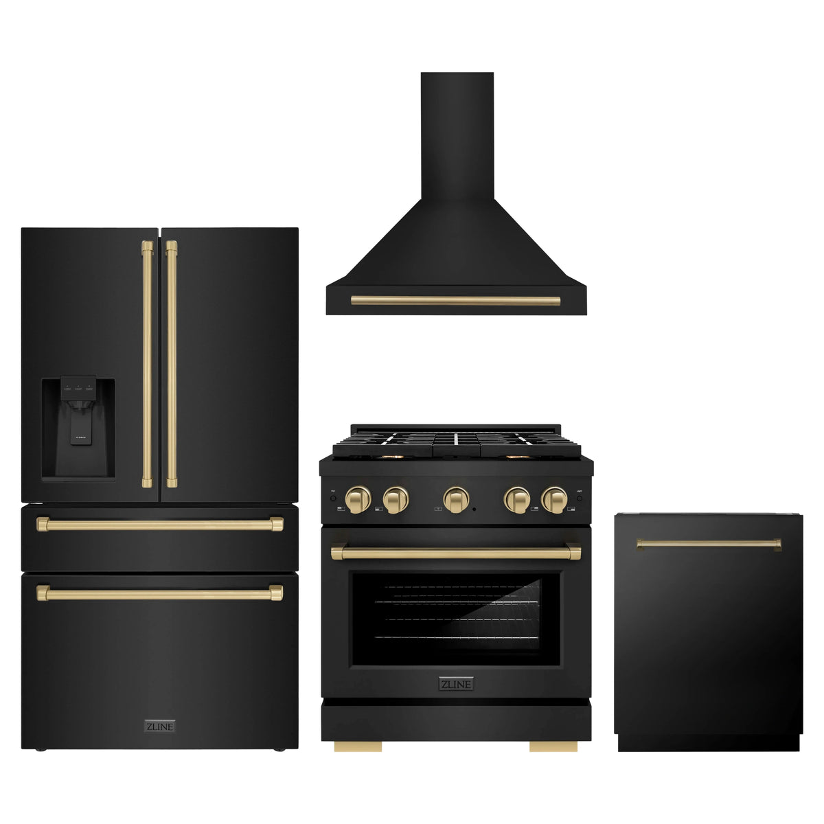 ZLINE 4-Piece Appliance Package - 30-Inch Paramount Dual Fuel Range, Wall Mount Range Hood, 36-Inch French Door Refrigerator with Water Dispenser, Dishwasher, in Black Stainless Steel with Champagne Bronze Accents