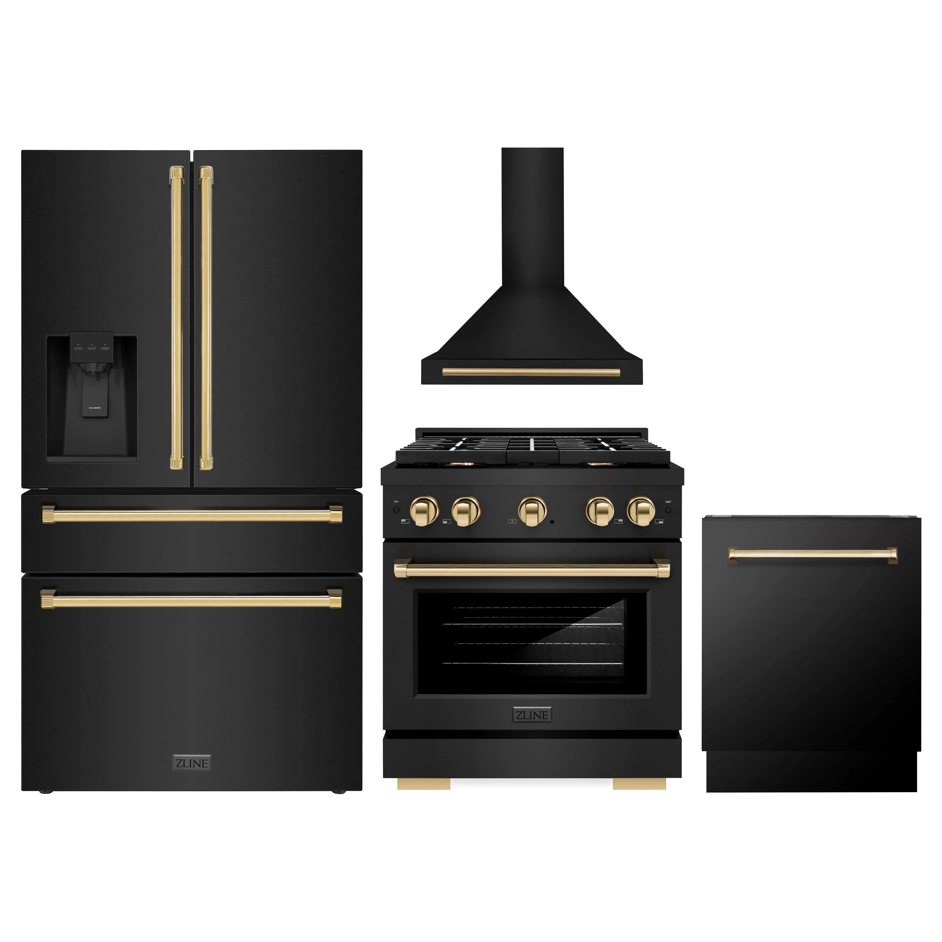 4-piece black appliance package with gold accents: refrigerator, range, and range hood