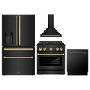 ZLINE 4-Piece Appliance Package - 30-Inch Paramount Dual Fuel Range, Wall Mount Range Hood, 36-Inch French Door Refrigerator with Water Dispenser, Dishwasher, in Black Stainless Steel with Gold Accents