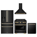ZLINE 4-Piece Appliance Package - 30-Inch Paramount Dual Fuel Range, Wall Mount Range Hood, 36-Inch French Door Refrigerator with Water Dispenser, Dishwasher, in Black Stainless Steel with Gold Accents
