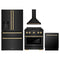 ZLINE 4-Piece Appliance Package - 30-Inch Paramount Dual Fuel Range, Wall Mount Range Hood, 36-Inch French Door Refrigerator with Water Dispenser, Dishwasher, in Black Stainless Steel with Gold Accents