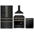 ZLINE 4-Piece Appliance Package - 36-Inch Paramount Dual Fuel Range, Wall Mount Range Hood, 36-Inch French Door Refrigerator with Water Dispenser, Dishwasher, in Black Stainless Steel with Champagne Bronze Accents