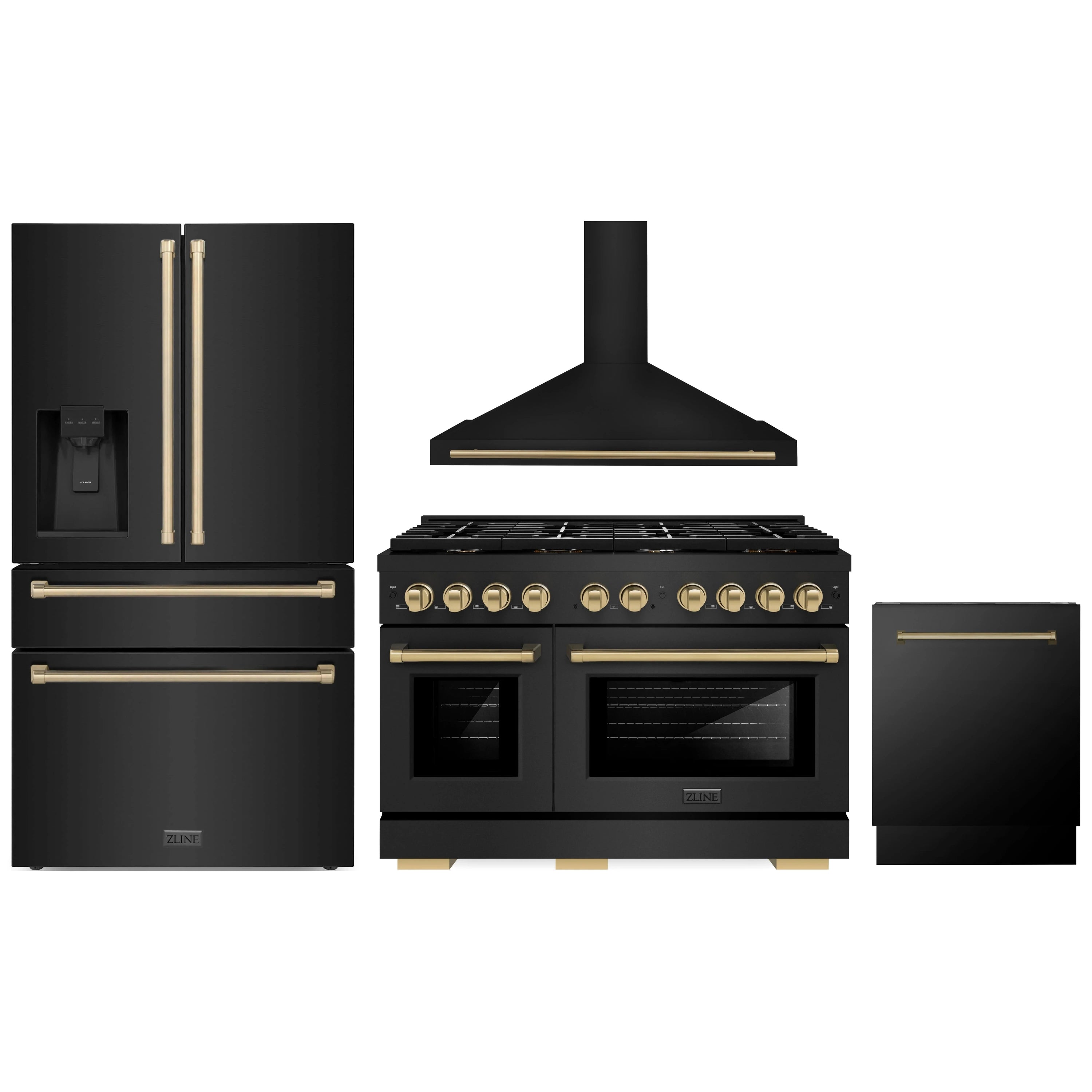 Black stainless appliance set with champagne bronze accents, including range and refrigerator