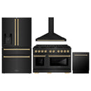 ZLINE 4-Piece Appliance Package - 48-Inch Paramount Dual Fuel Range, Wall Mount Range Hood, 36-Inch French Door Refrigerator with Water Dispenser, Dishwasher, in Black Stainless Steel with Gold Accents