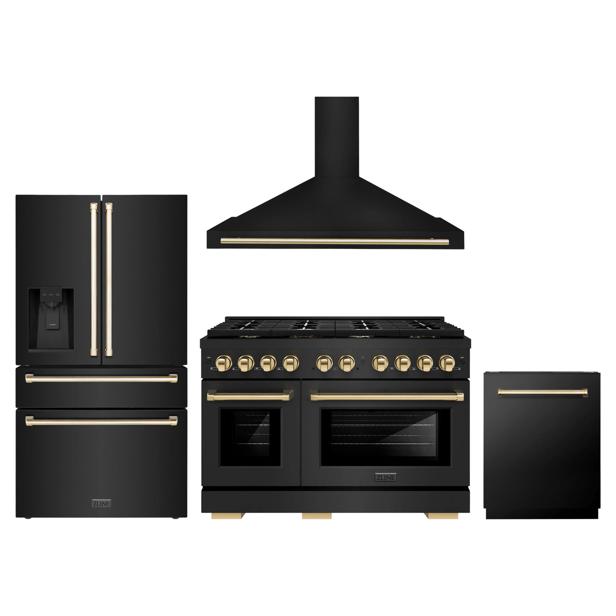 ZLINE 4-Piece Appliance Package - 48-Inch Paramount Dual Fuel Range, Wall Mount Range Hood, 36-Inch French Door Refrigerator with Water Dispenser, Dishwasher, in Black Stainless Steel with Gold Accents