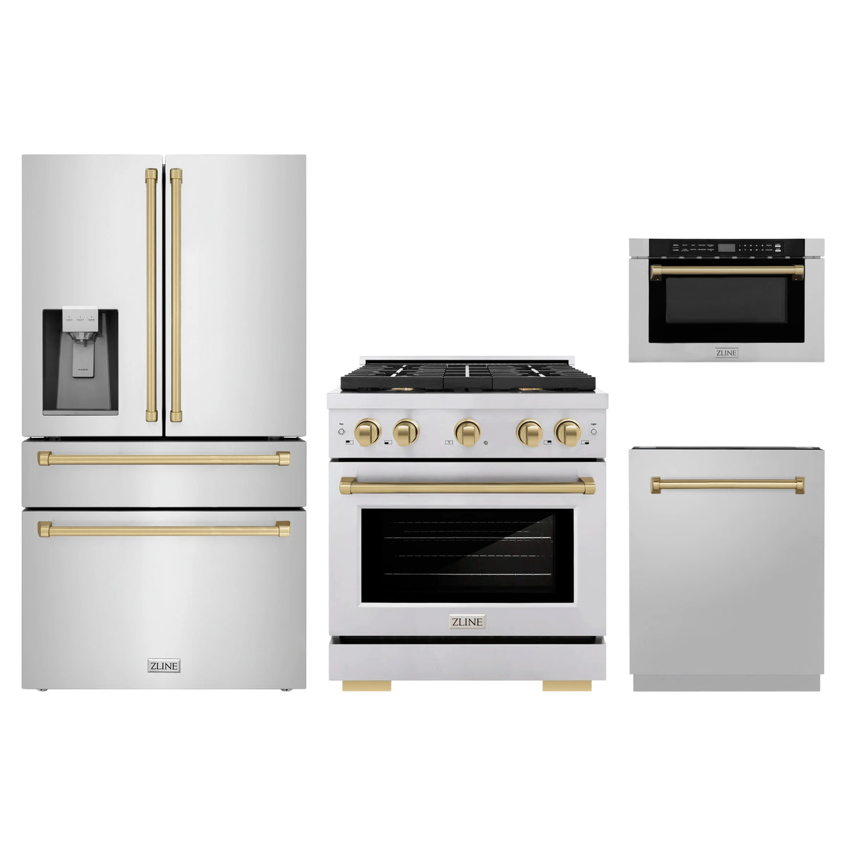 ZLINE 4-Piece Appliance Package - 30-Inch Paramount Dual Fuel Range, Refrigerator with Water Dispenser, Dishwasher, and 24-Inch Microwave Drawer in Stainless Steel with Champagne Bronze Accents