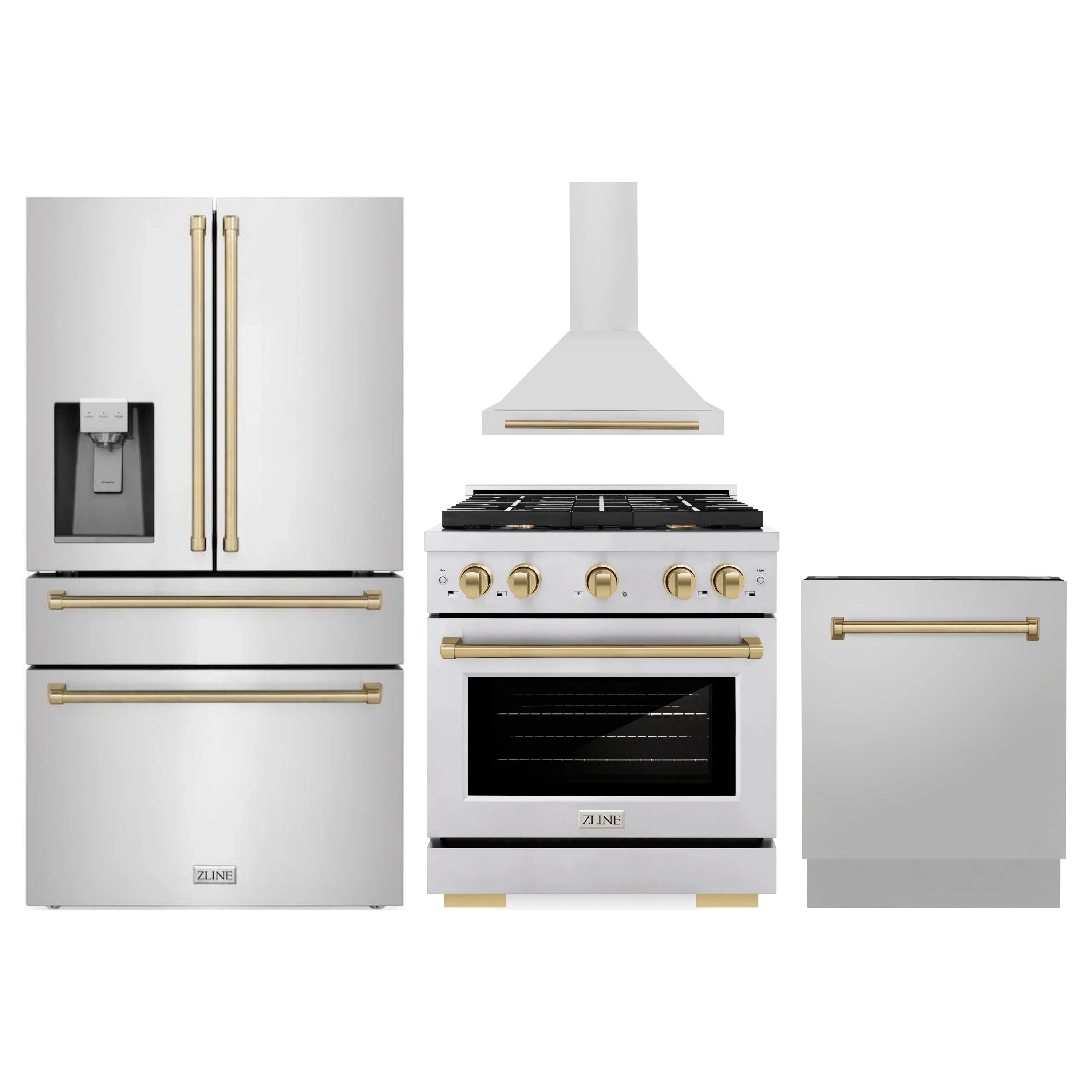 Stainless steel kitchen appliance set with champagne bronze handles and trim