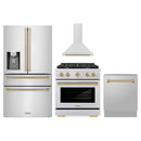 ZLINE 4-Piece Appliance Package - 30-Inch Paramount Autograph Dual Fuel Range, Wall Mount Range Hood, 36-Inch French Door Refrigerator with Water Dispenser, Dishwasher, in Stainless Steel with Champagne Bronze Accents