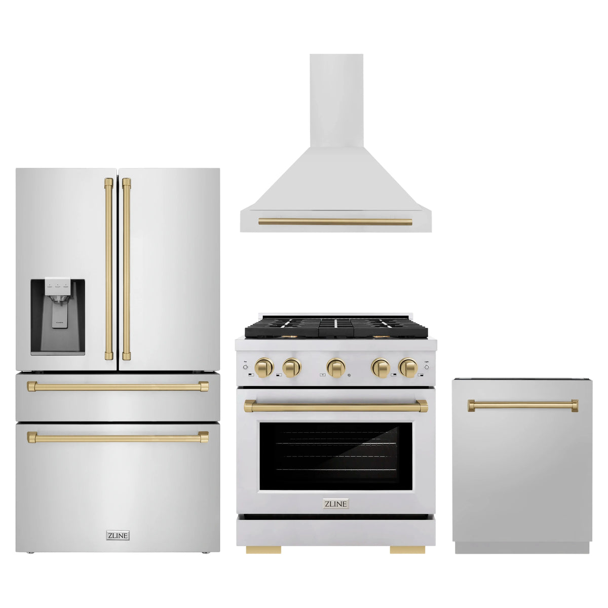 ZLINE 4-Piece Appliance Package - 30-Inch Paramount Autograph Dual Fuel Range, Wall Mount Range Hood, 36-Inch French Door Refrigerator with Water Dispenser, Dishwasher, in Stainless Steel with Champagne Bronze Accents