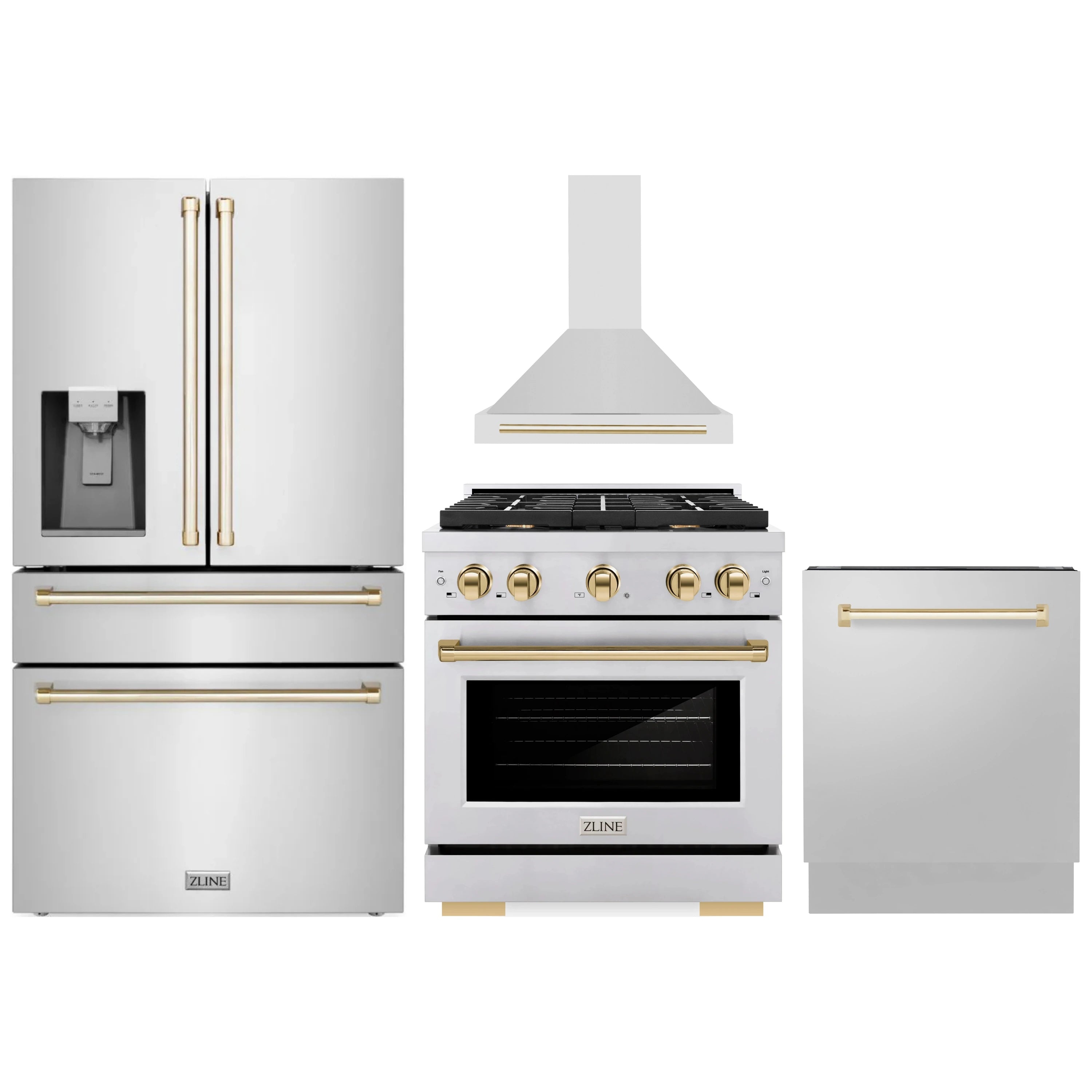Stainless kitchen appliance set with gold accents: refrigerator, dual-fuel range, and range hood
