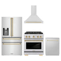 ZLINE 4-Piece Appliance Package - 30-Inch Paramount Autograph Dual Fuel Range, Wall Mount Range Hood, 36-Inch French Door Refrigerator with Water Dispenser, Dishwasher, in Stainless Steel with Gold Accents