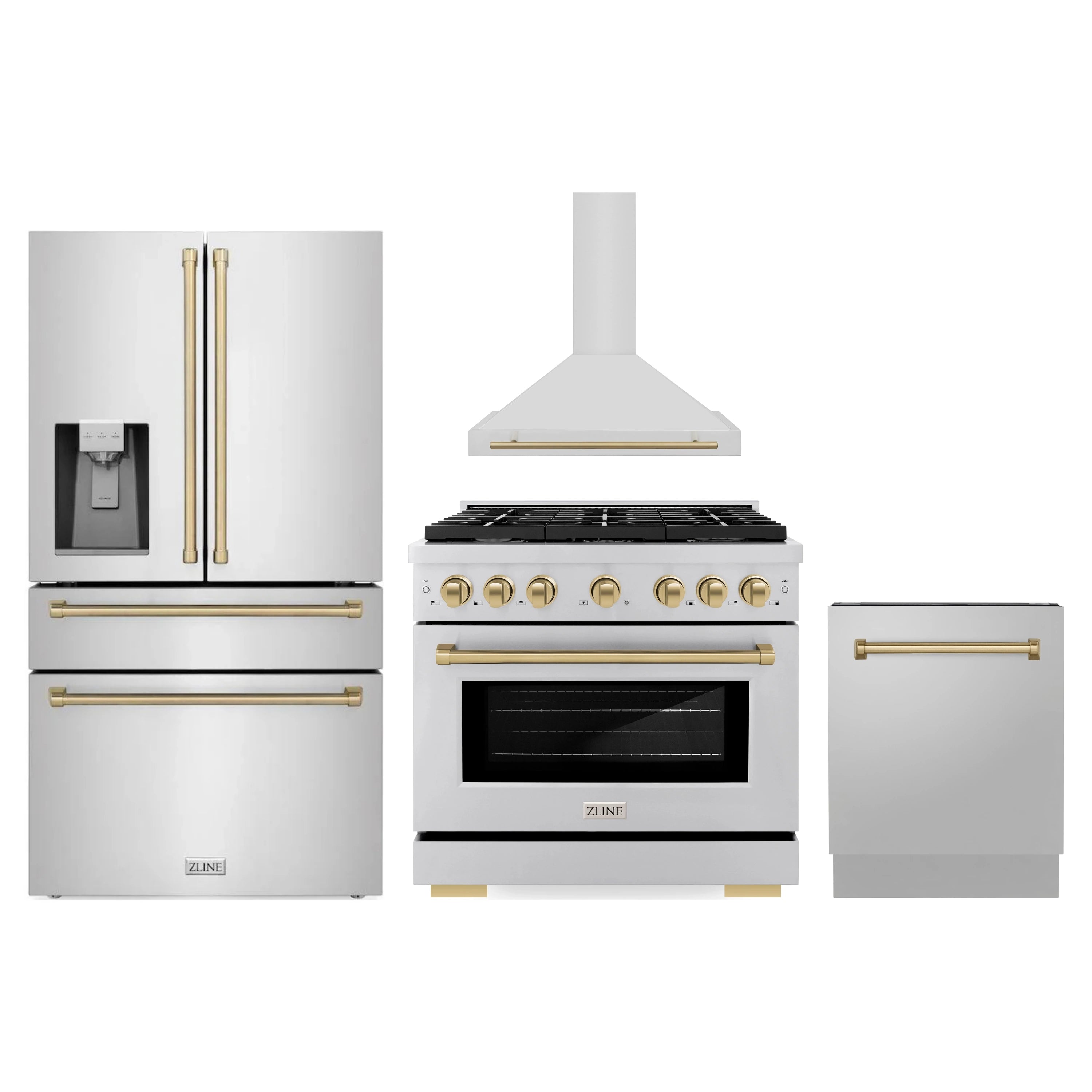 Stainless steel appliance set with range, refrigerator, wall hood, and dishwasher in champagne
