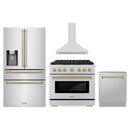 ZLINE 4-Piece Appliance Package - 36-Inch Paramount Autograph Dual Fuel Range, Wall Mount Range Hood, 36-Inch French Door Refrigerator with Water Dispenser, Dishwasher, in Stainless Steel with Champagne Bronze Accents