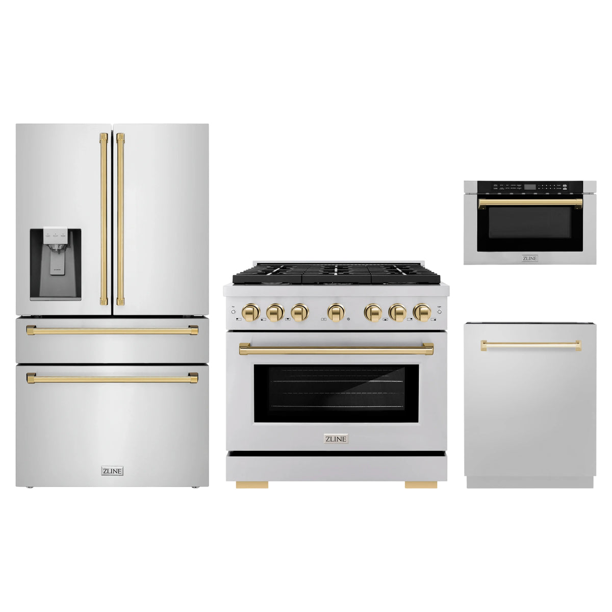 ZLINE 4-Piece Appliance Package - 36-Inch Paramount Dual Fuel Range, Refrigerator with Water Dispenser, Dishwasher, and 24-Inch Microwave Drawer in Stainless Steel with Gold Accents