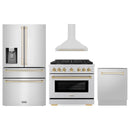 ZLINE 4-Piece Appliance Package - 36-Inch Paramount Autograph Dual Fuel Range, Wall Mount Range Hood, 36-Inch French Door Refrigerator with Water Dispenser, Dishwasher, in Stainless Steel with Gold Accents