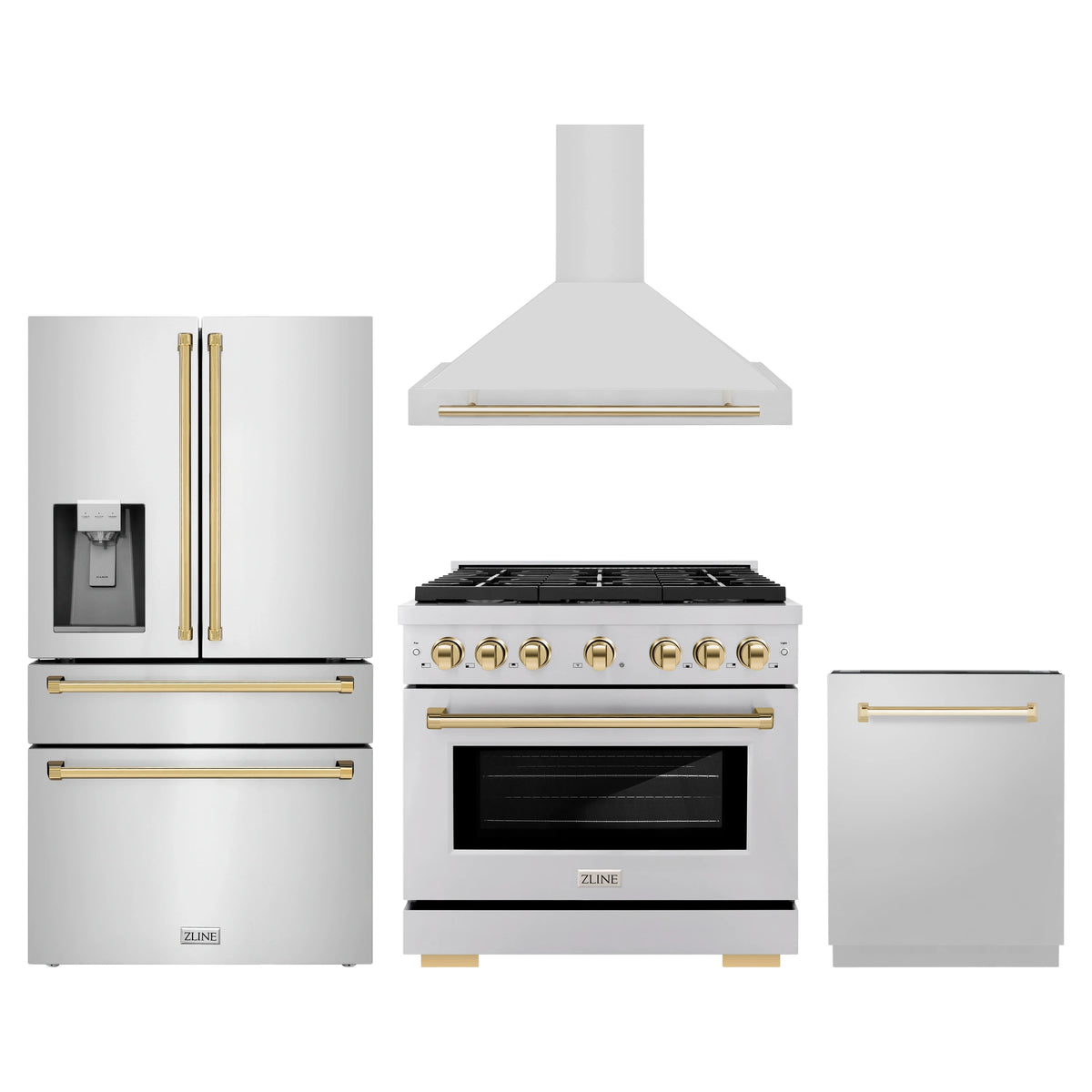 ZLINE 4-Piece Appliance Package - 36-Inch Paramount Autograph Dual Fuel Range, Wall Mount Range Hood, 36-Inch French Door Refrigerator with Water Dispenser, Dishwasher, in Stainless Steel with Gold Accents