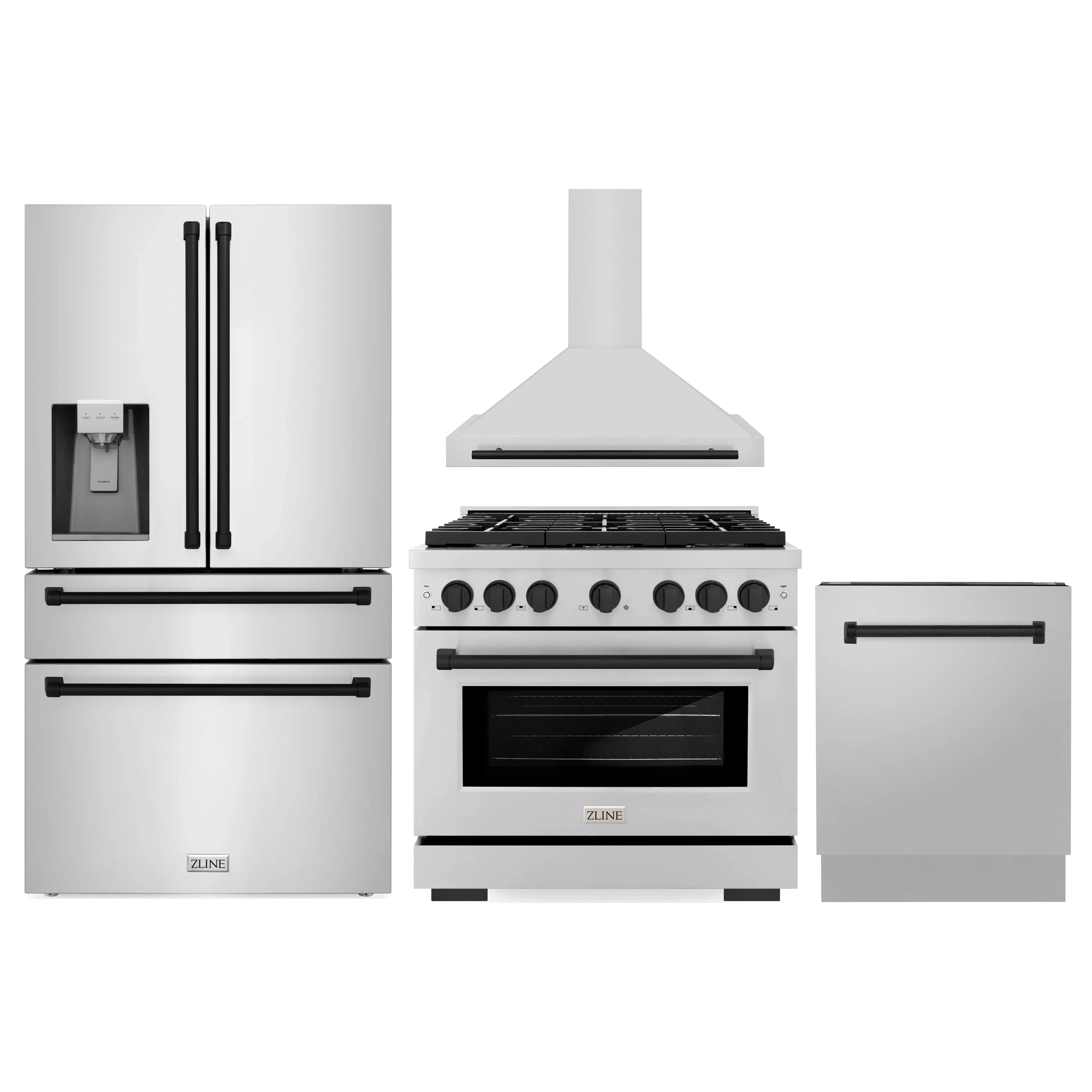 Stainless appliance bundle showing refrigerator, dual fuel range, and dishwasher