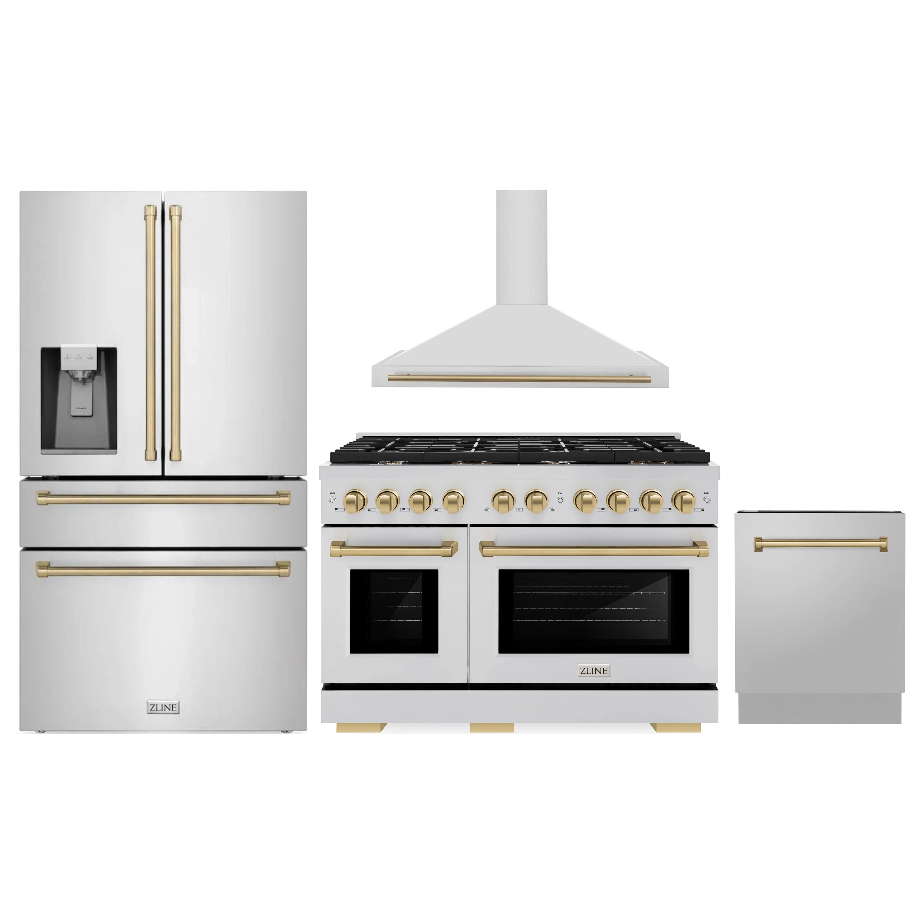 Stainless steel appliance package with French-door refrigerator and dual fuel range