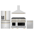 ZLINE 4-Piece Appliance Package - 48-Inch Paramount Autograph Dual Fuel Range, Wall Mount Range Hood, 36-Inch French Door Refrigerator with Water Dispenser, Dishwasher, in Stainless Steel with Champagne Bronze Accents