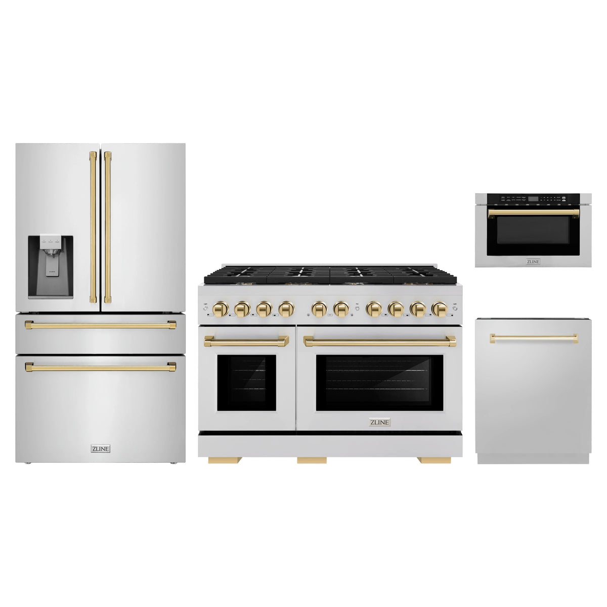 ZLINE 4-Piece Appliance Package - 48-Inch Paramount Dual Fuel Range, Refrigerator with Water Dispenser, Dishwasher, and 24-Inch Microwave Drawer in Stainless Steel with Gold Accents
