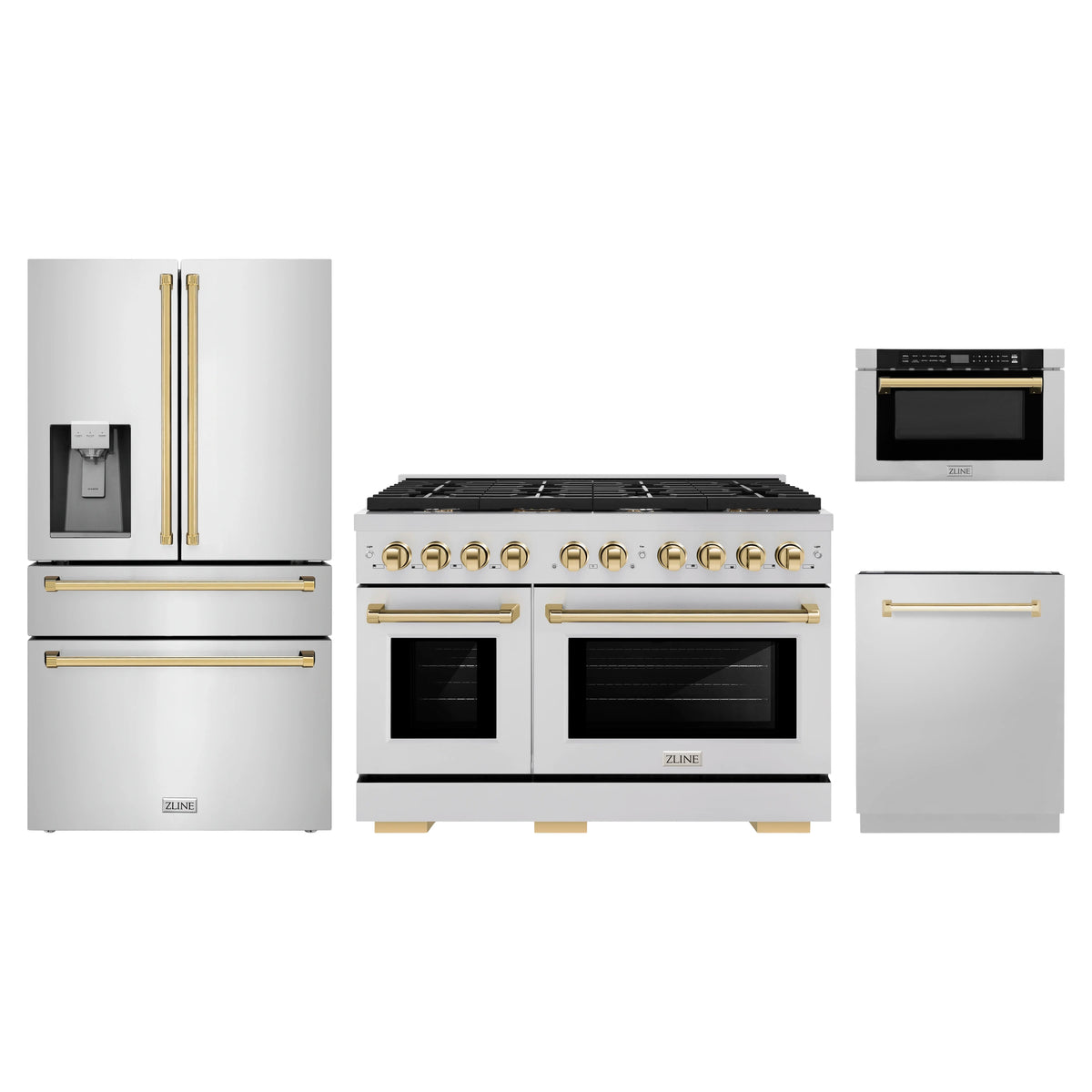 ZLINE 4-Piece Appliance Package - 48-Inch Paramount Dual Fuel Range, Refrigerator with Water Dispenser, Dishwasher, and 24-Inch Microwave Drawer in Stainless Steel with Gold Accents