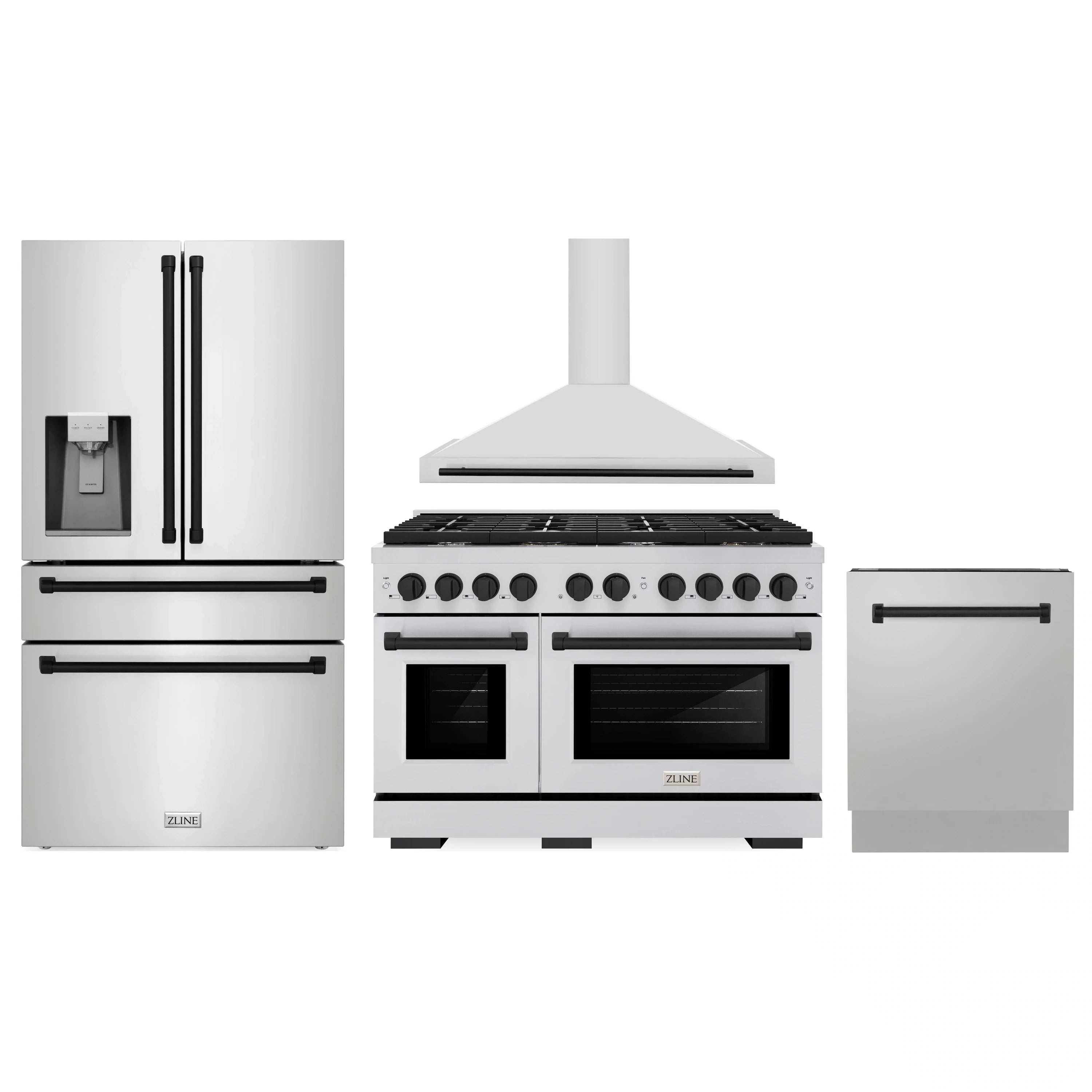 Stainless appliance package featuring dual fuel range, French door refrigerator, and dishwasher
