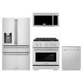 ZLINE 4-Piece Appliance Package - 30-Inch Gas Range, Refrigerator with Water Dispenser, Tall Tub Dishwasher, & Over-the-Range Microwave in Stainless Steel
