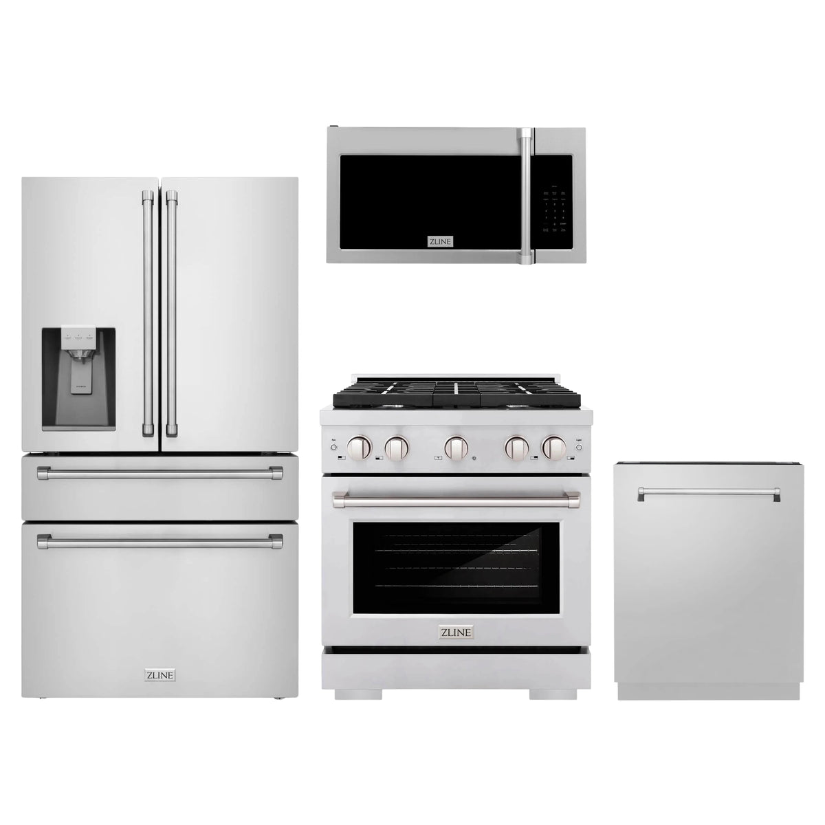 ZLINE 4-Piece Appliance Package - 30-Inch Gas Range, Refrigerator with Water Dispenser, Tall Tub Dishwasher, & Over-the-Range Microwave in Stainless Steel