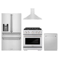 ZLINE 4-Piece Appliance Package - 30" Gas Range, 36" Refrigerator with Water Dispenser, Convertible Wall Mount Hood, and 3-Rack Dishwasher in Stainless Steel