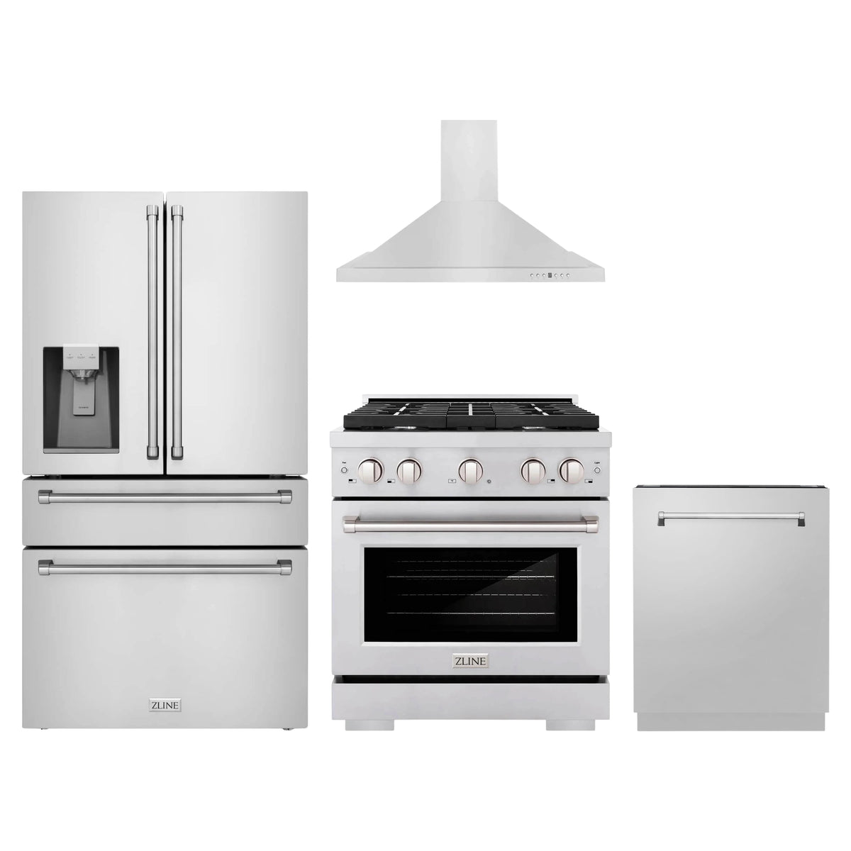 ZLINE 4-Piece Appliance Package - 30" Gas Range, 36" Refrigerator with Water Dispenser, Convertible Wall Mount Hood, and 3-Rack Dishwasher in Stainless Steel (4KPRW-SGRRH30-DWV)
