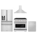 ZLINE 4-Piece Appliance Package - 36-Inch Gas Range, Refrigerator with Water Dispenser, Convertible Wall Mount Hood, and 3-Rack Dishwasher in Stainless (4KPRW-SGRRH36-DWV)
