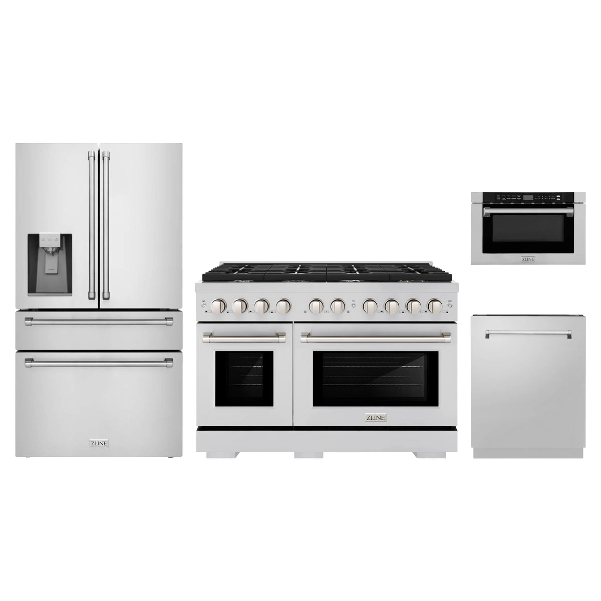 ZLINE 4-Piece Appliance Package - 48-Inch Paramount Gas Range, Refrigerator with Water Dispenser, Dishwasher, and 24-Inch Microwave Drawer in Stainless Steel