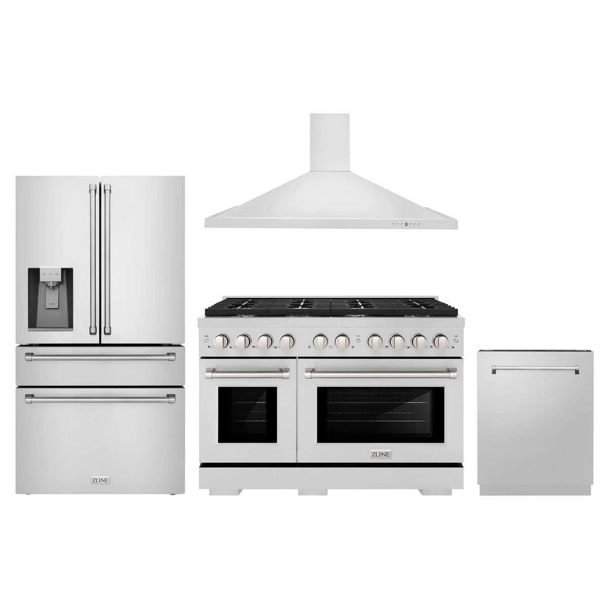 ZLINE 4-Piece Appliance Package - 48-Inch Gas Range, Refrigerator with Water Dispenser, Convertible Wall Mount Hood, and 3-Rack Dishwasher in Stainless Steel