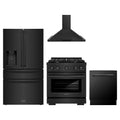 ZLINE 4-Piece Appliance Package - 30-Inch Gas Range, Refrigerator with Water Dispenser, Convertible Wall Mount Hood, and 3-Rack Dishwasher in Black Stainless Steel
