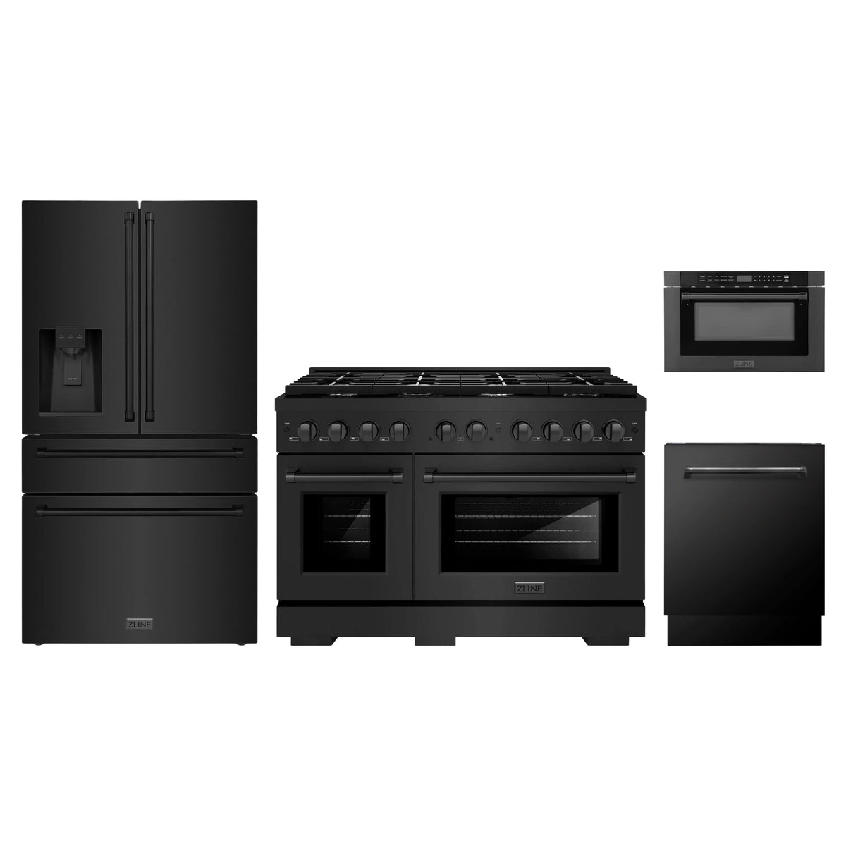 ZLINE 4-Piece Appliance Package - 48-Inch Paramount Gas Range, Refrigerator with Water Dispenser, Dishwasher, and 24-Inch Microwave Drawer in Black Stainless Steel