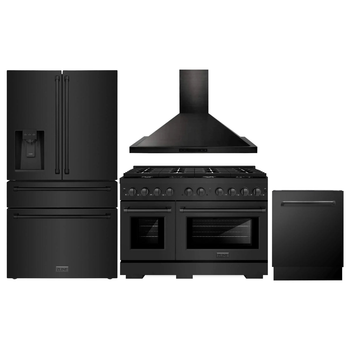 ZLINE 4-Piece Appliance Package - 48-Inch Gas Range, Refrigerator with Water Dispenser, Convertible Wall Mount Hood, and 3-Rack Dishwasher in Black Stainless Steel (4KPRW-SGRBRH48-DWV)