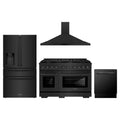 ZLINE 4-Piece Appliance Package - 48-Inch Gas Range, Refrigerator with Water Dispenser, Convertible Wall Mount Hood, and 3-Rack Dishwasher in Black Stainless Steel