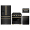 ZLINE 4-Piece Appliance Package - 30-Inch Paramount Gas Range, Refrigerator with Water Dispenser, Dishwasher, and 24-Inch Microwave Drawer in Black Stainless Steel with Champagne Bronze Accents