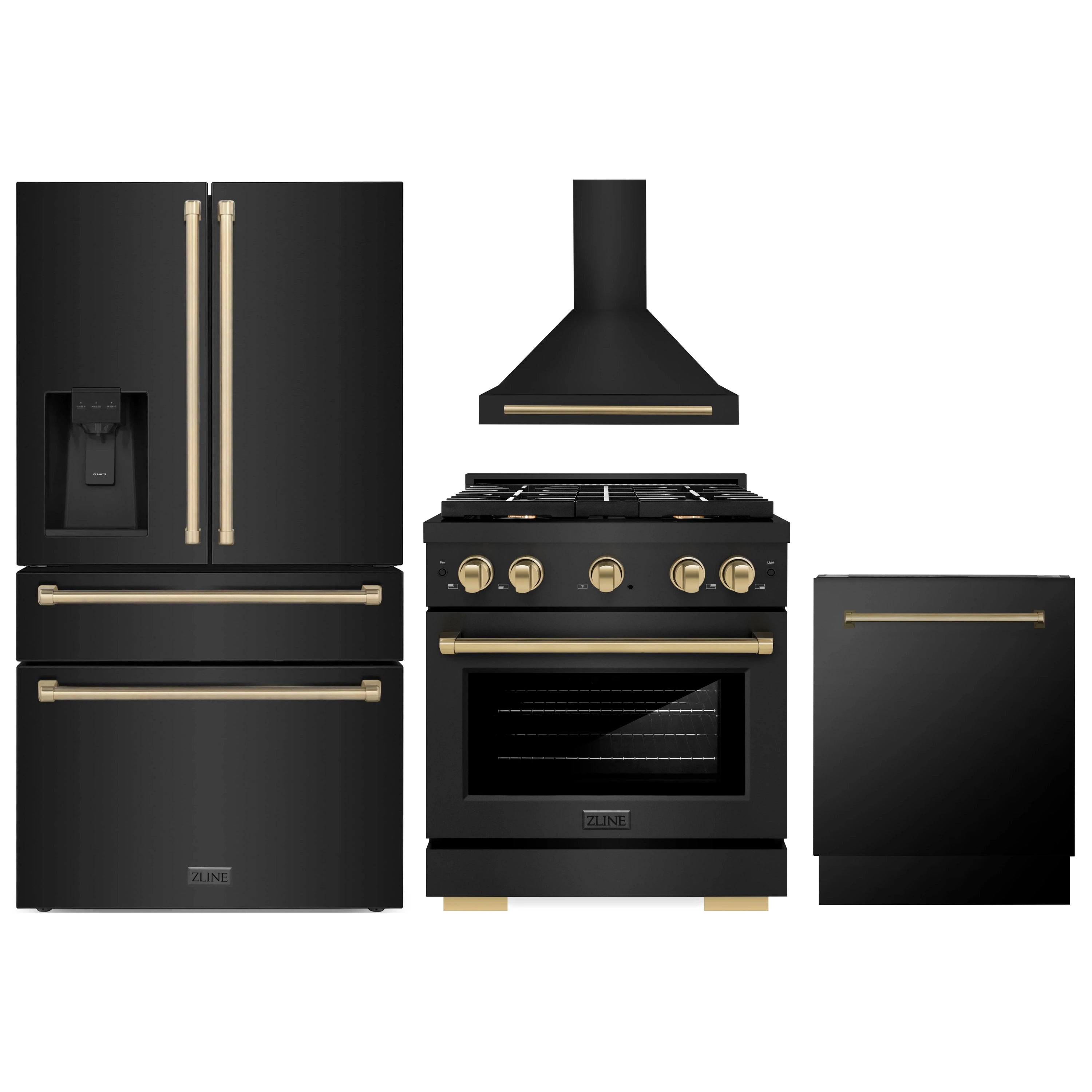 4-piece black appliance package with champagne bronze accents: range, hood, fridge, dishwasher