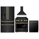 ZLINE 4-Piece Appliance Package - 30-Inch Paramount Gas Range, Wall Mount Range Hood, 36-Inch French Door Refrigerator with Water Dispenser, Dishwasher, in Black Stainless Steel with Champagne Bronze Accents
