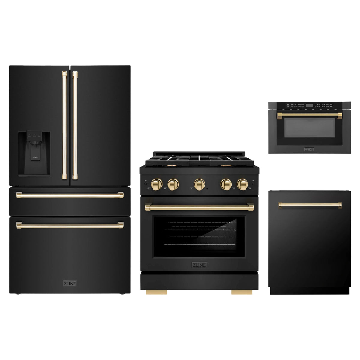 ZLINE 4-Piece Appliance Package - 30-Inch Paramount Gas Range, Refrigerator with Water Dispenser, Dishwasher, and 24-Inch Microwave Drawer in Black Stainless Steel with Gold Accents