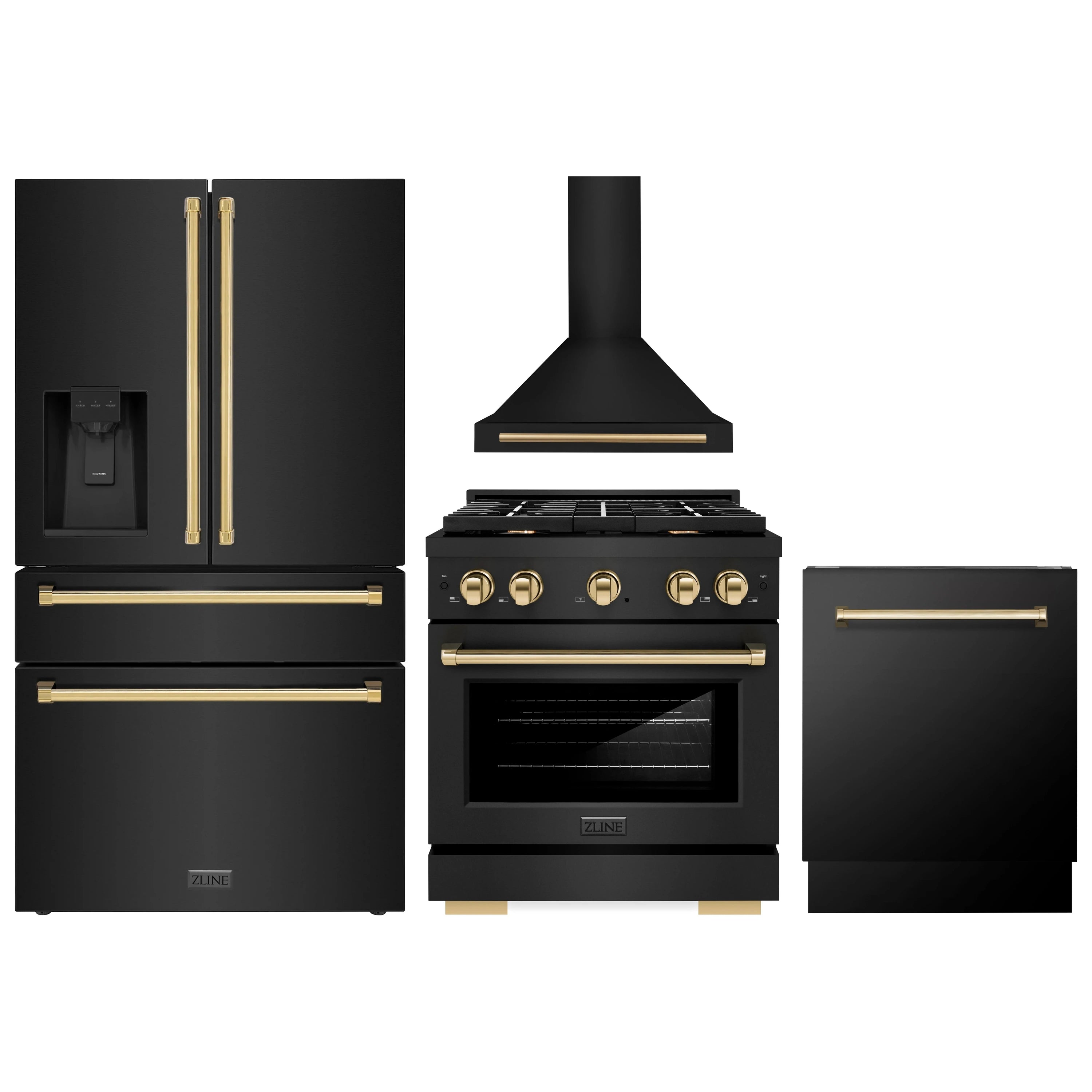 Black appliance package with gold accents: refrigerator, range, and dishwasher