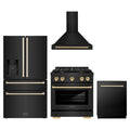 ZLINE 4-Piece Appliance Package - 30-Inch Paramount Gas Range, Wall Mount Range Hood, 36-Inch French Door Refrigerator with Water Dispenser, Dishwasher, in Black Stainless Steel with Gold Accents