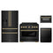 ZLINE 4-Piece Appliance Package - 36-Inch Paramount Gas Range, Refrigerator with Water Dispenser, Dishwasher, and 24-Inch Microwave Drawer in Black Stainless Steel with Champagne Bronze Accents