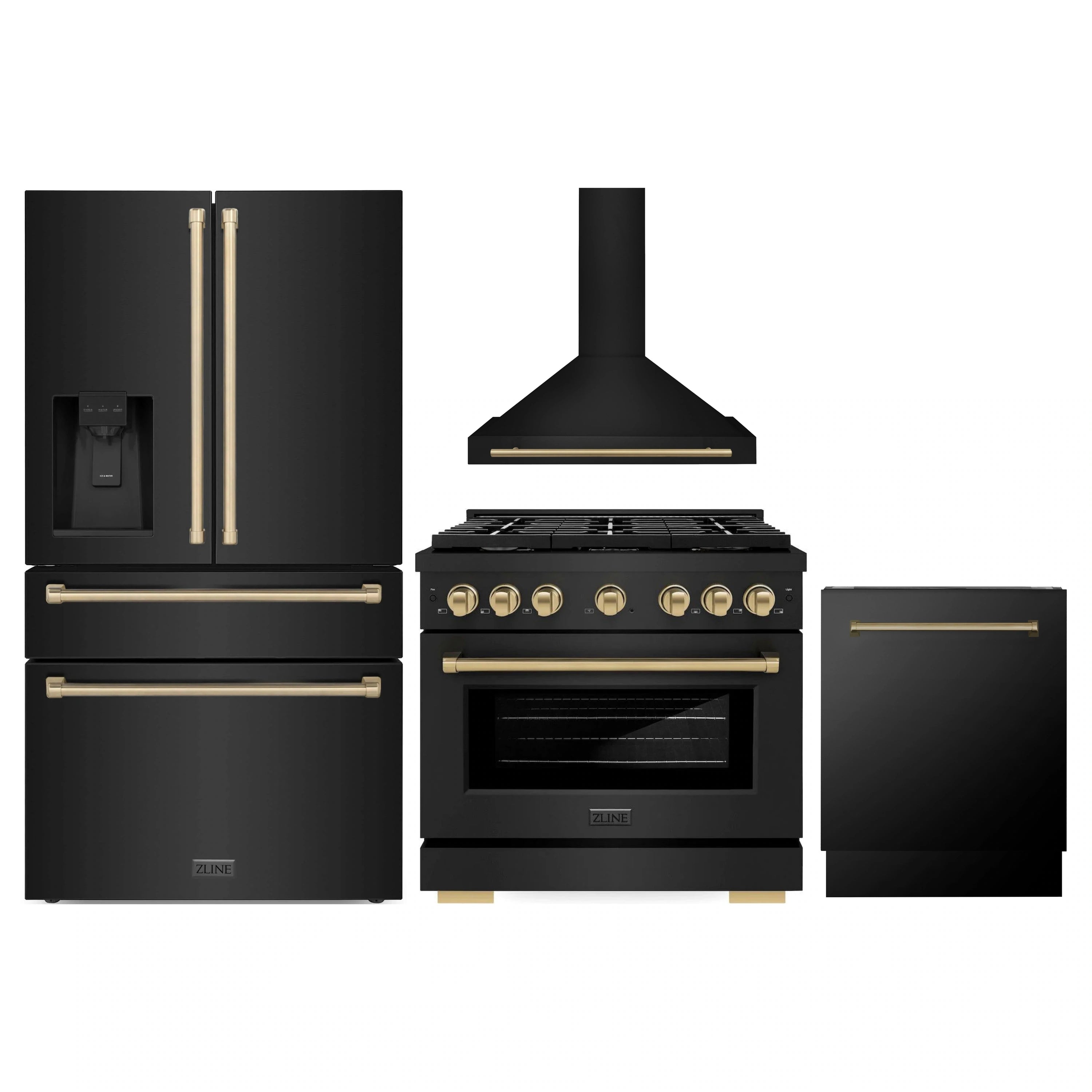 Black stainless appliance package with gas range, hood, refrigerator, and dishwasher