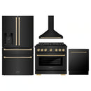 ZLINE 4-Piece Appliance Package - 36-Inch Paramount Gas Range, Wall Mount Range Hood, 36-Inch French Door Refrigerator with Water Dispenser, Dishwasher, in Black Stainless Steel with Champagne Bronze Accents