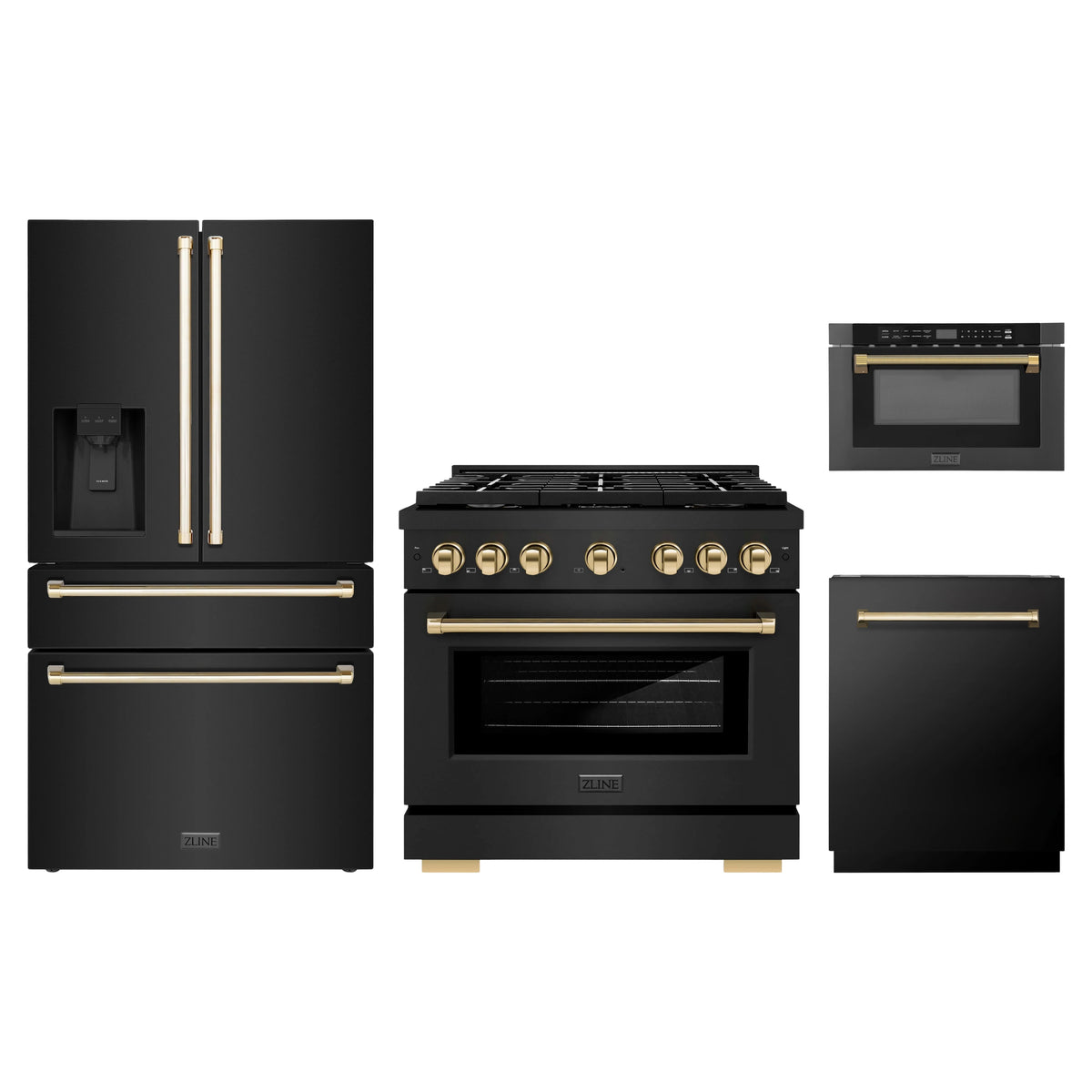 ZLINE 4-Piece Appliance Package - 36-Inch Paramount Gas Range, Refrigerator with Water Dispenser, Dishwasher, and 24-Inch Microwave Drawer in Black Stainless Steel with Gold Accents